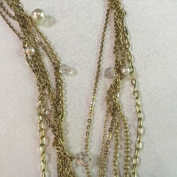 Goldtone Lacy Chain Necklace with Faux Pearls & Crystals - Picture 5 of 5